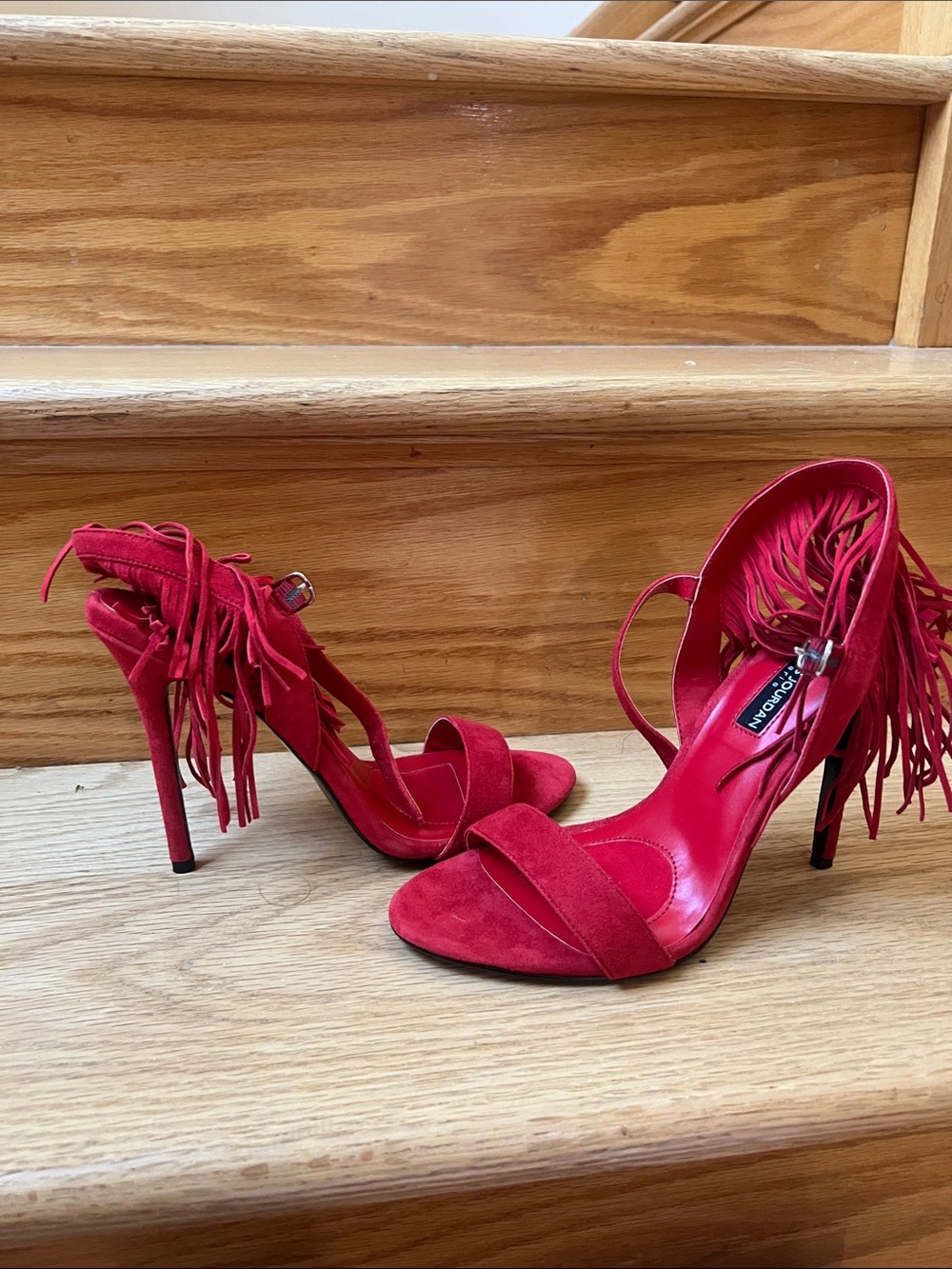 Charles Jourdan Red Suede Fringe Stiletto Sandals